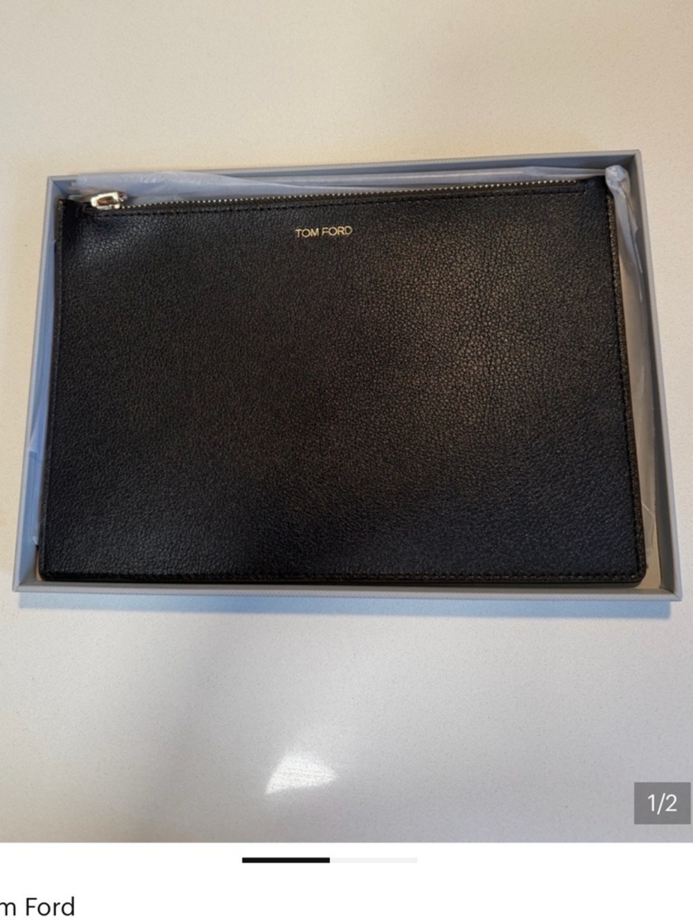 Tom Ford Dark Brown Pebbled Leather Zip Pouch Slim Pouch Gold Logo